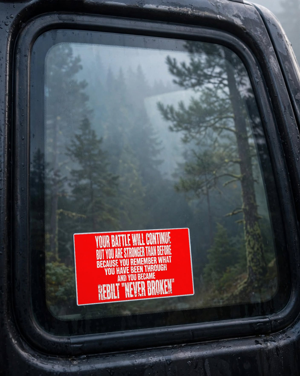 Red Your Battle Will Continue bumper sticker on a truck rear window with misty forest reflection